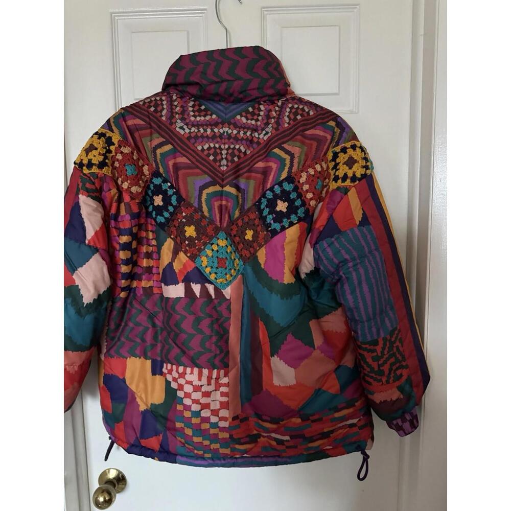 Farm Rio Women's XS Red Abstract Patches Reversible Full Zip Puffer Jacket NEW - Picture 10 of 16